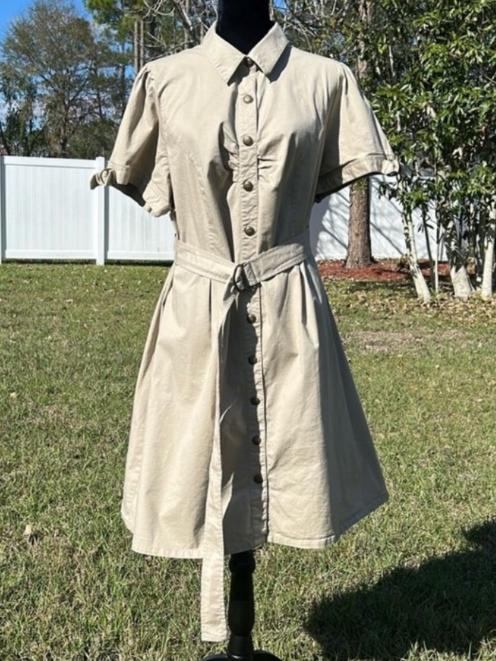 Lane Bryant Beige Button-Front Midi Shirt Dress with Tie Waist